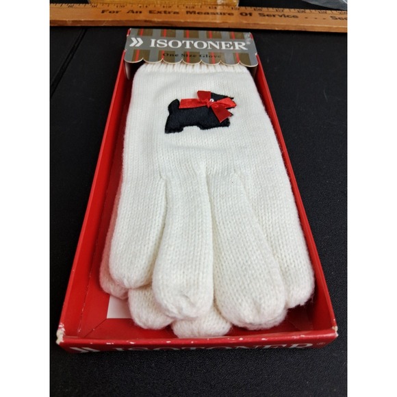 Vintage Isotoner Scotty Dog Knit Gloves One Size Womens White New In Box - Picture 5 of 6
